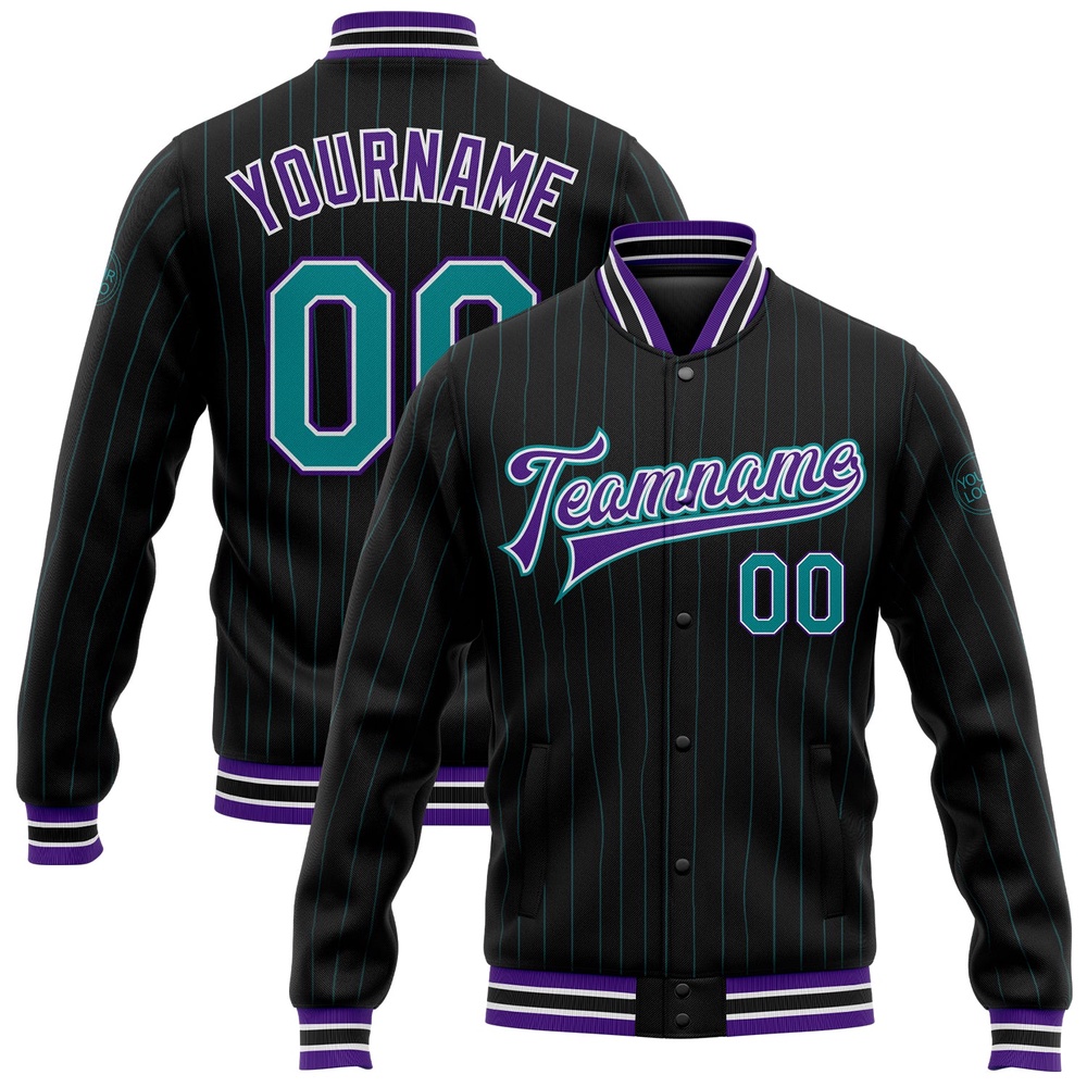 Custom Black Teal Pinstripe Purple Bomber Full Snap Baseball Jacket, Custom Team Jacket