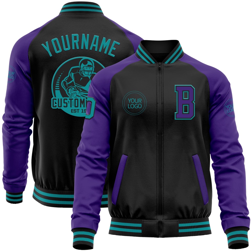 Custom Black Teal Purple Bomber Varsity Baseball Jacket, Custom Team Jacket