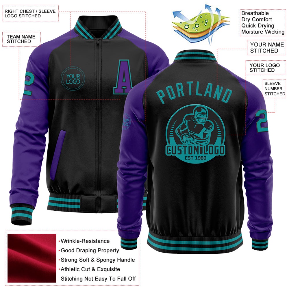 Custom Black Teal Purple Bomber Varsity Baseball Jacket, Custom Team Jacket