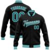 Custom Black Teal White Bomber Full Snap Varsity Baseball Jacket, Custom Team Jacket