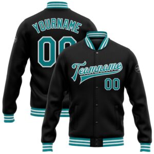Custom Black Teal White Bomber Full Snap&hellip;