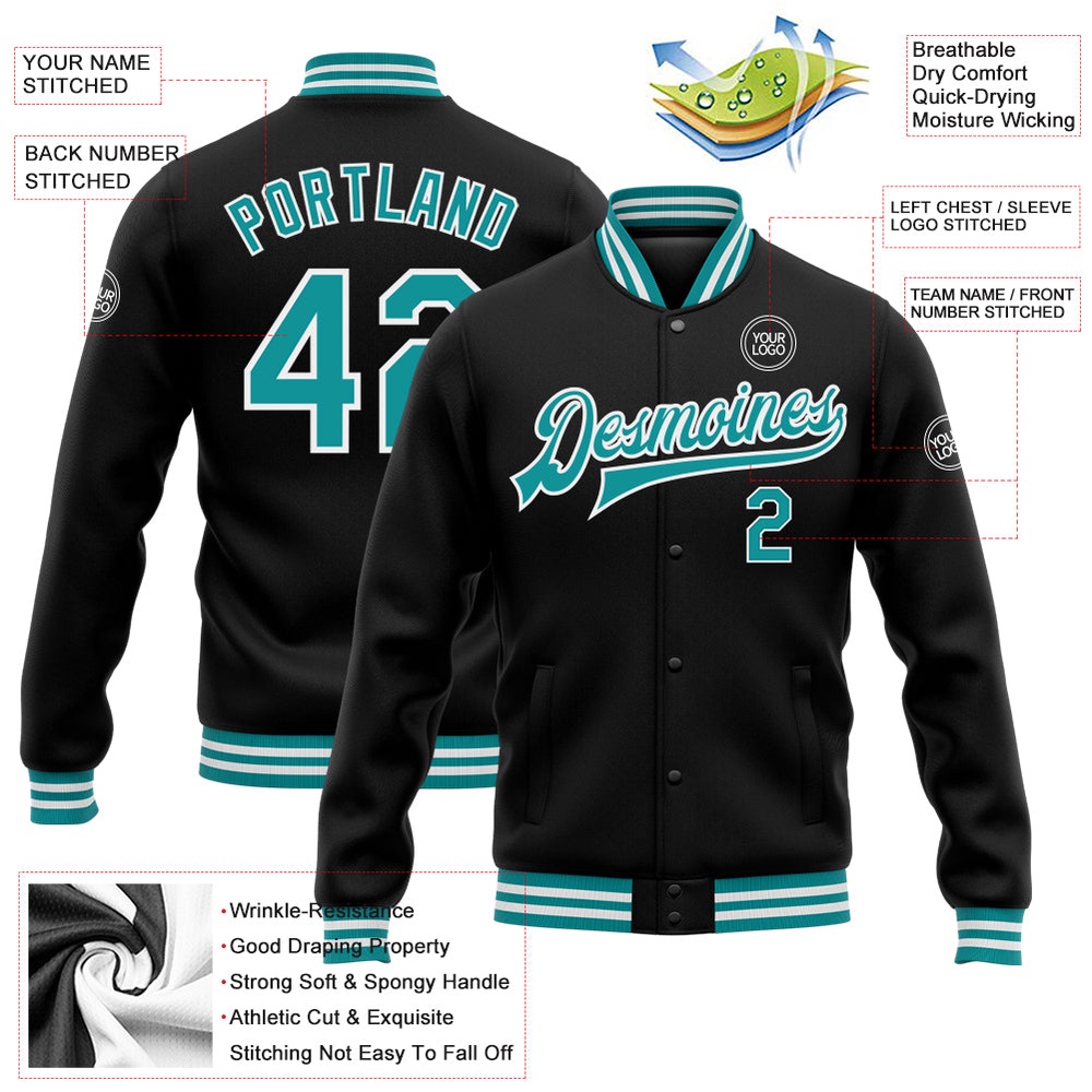 Custom Black Teal White Bomber Full Snap Baseball Jacket, Custom Team Jacket