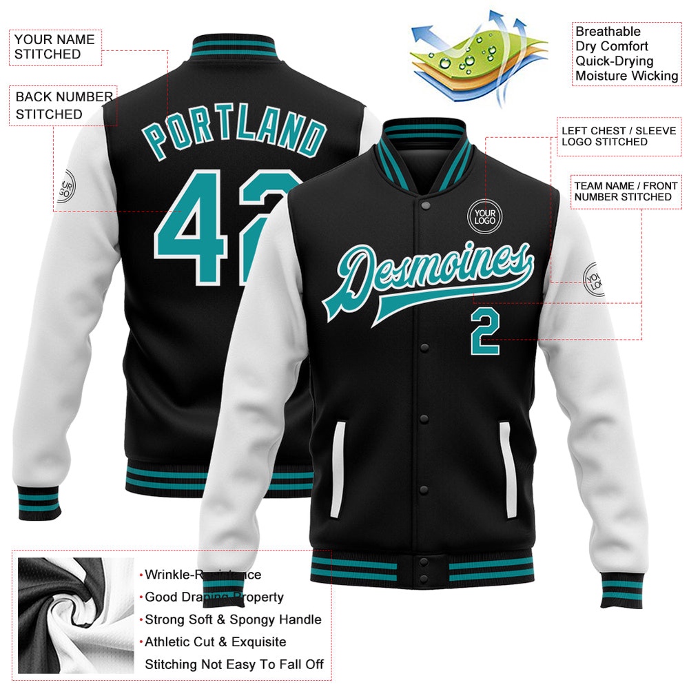 Custom Black Teal White Bomber Full Snap Varsity Baseball Jacket, Custom Team Jacket