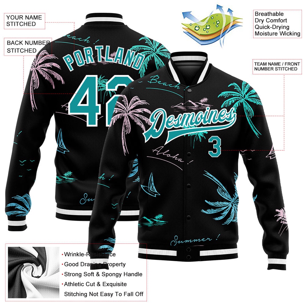 Custom Black Teal White Hawaii Palm Trees 3D Bomber Full Snap Baseball Jacket, Custom Team Jacket