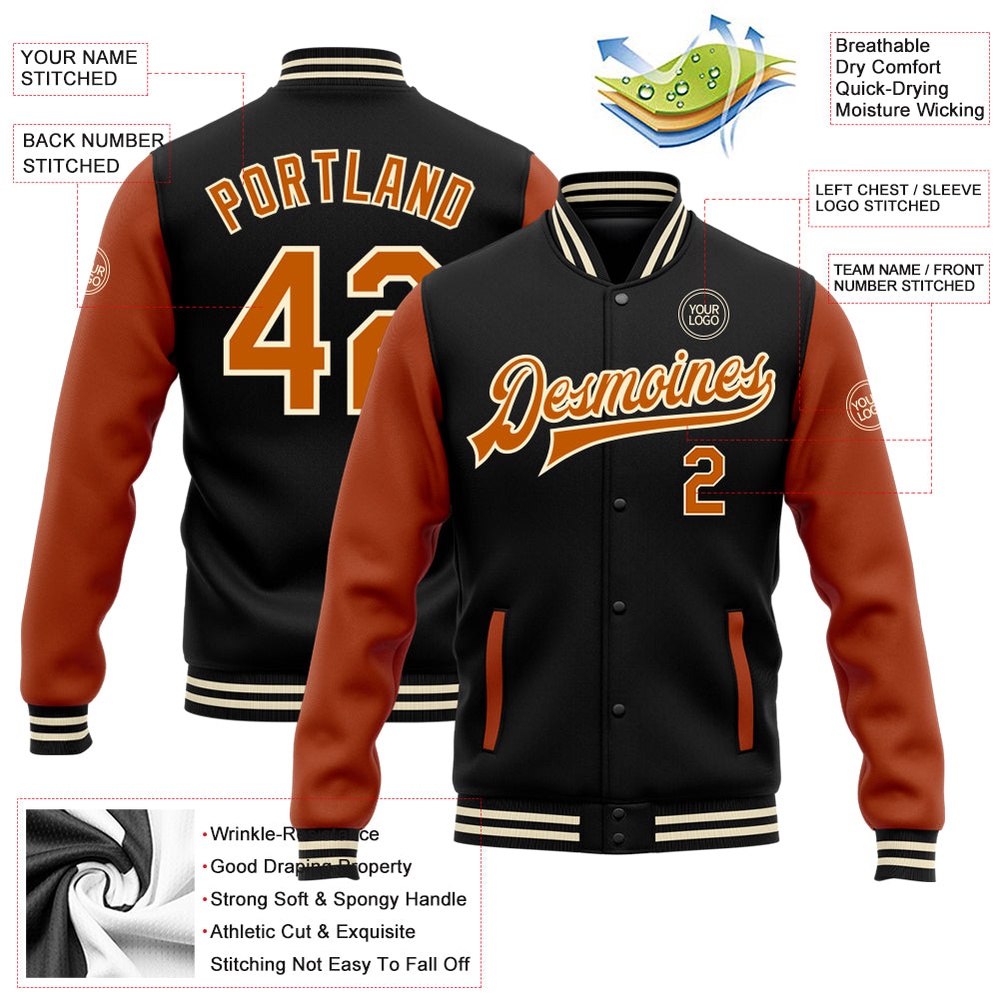 Custom Black Texas Orange Cream Bomber Full Snap Varsity Baseball Jacket, Custom Team Jacket