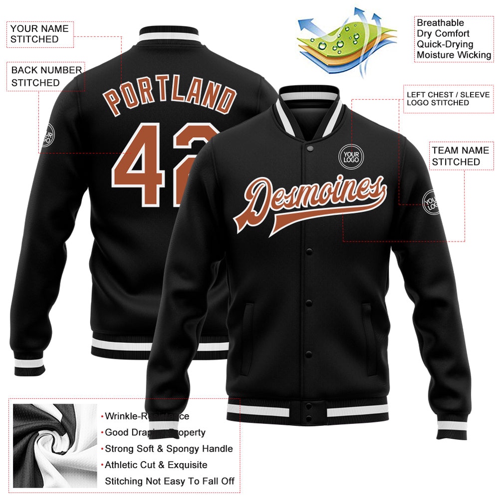 Custom Black Texas Orange White Bomber Full Snap Baseball Jacket, Custom Team Jacket