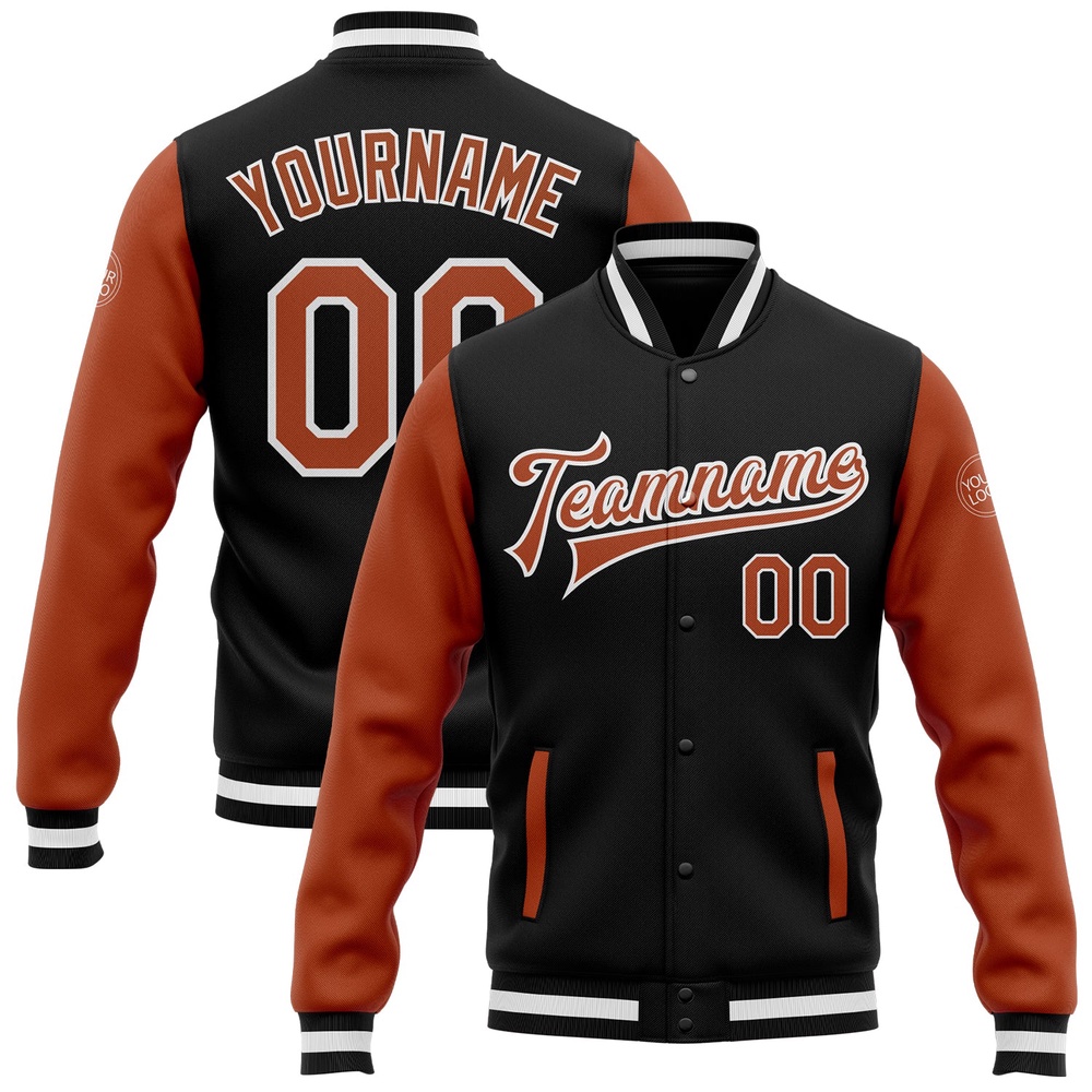 Custom Black Texas Orange White Bomber Full Snap Varsity Baseball Jacket, Custom Team Jacket