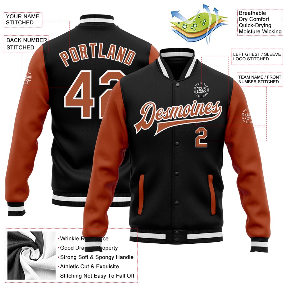 Custom Black Texas Orange White Bomber Full Snap Varsity Baseball Jacket, Custom Team Jacket
