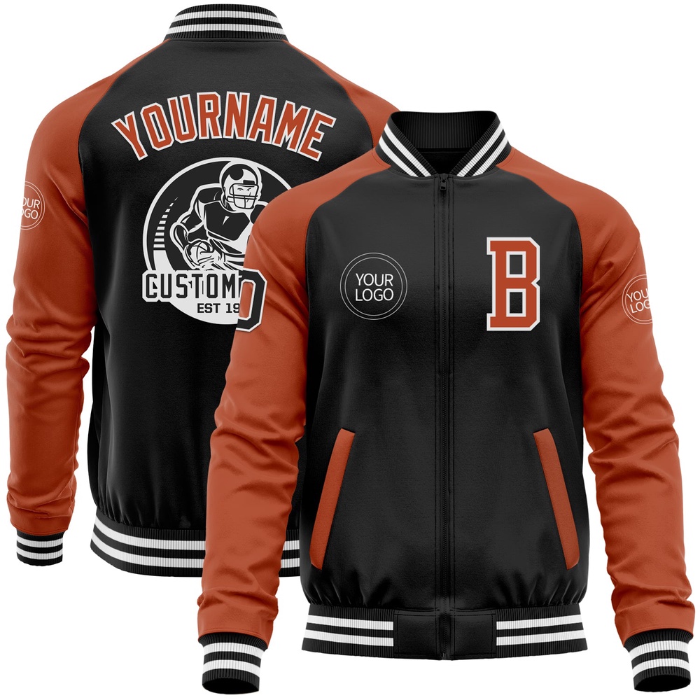 Custom Black Texas Orange White Bomber Varsity Baseball Jacket, Custom Team Jacket