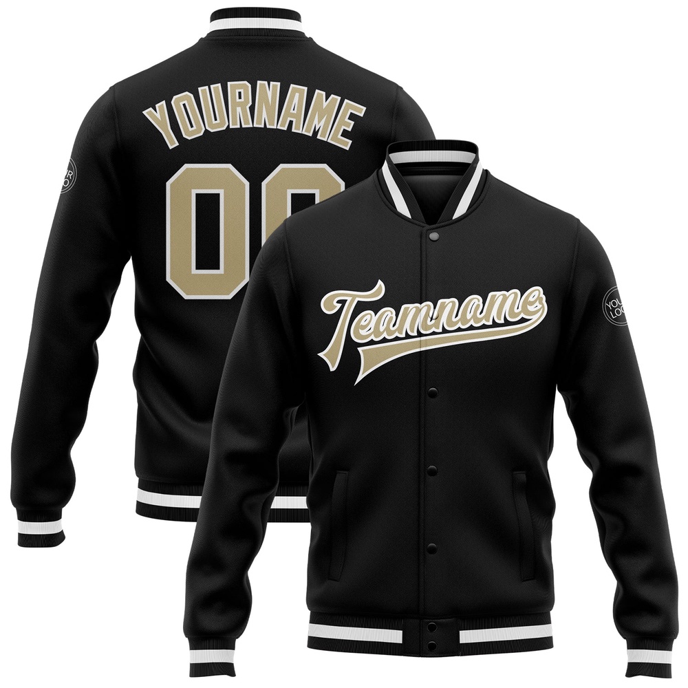 Custom Black Vegas Gold White Bomber Full Snap Baseball Jacket, Custom Team Jacket