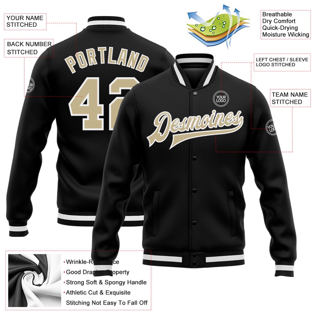 Custom Black Vegas Gold White Bomber Full Snap Baseball Jacket, Custom Team Jacket