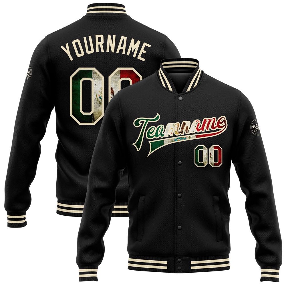 Custom Black Vintage Mexican Flag Cream Bomber Full Snap Baseball Jacket, Custom Team Jacket