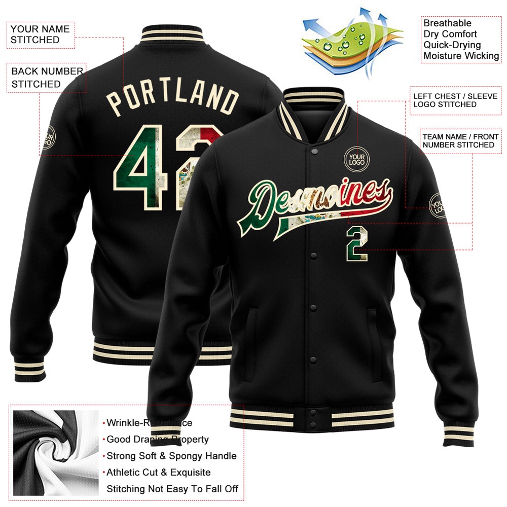 Custom Black Vintage Mexican Flag Cream Bomber Full Snap Baseball Jacket, Custom Team Jacket