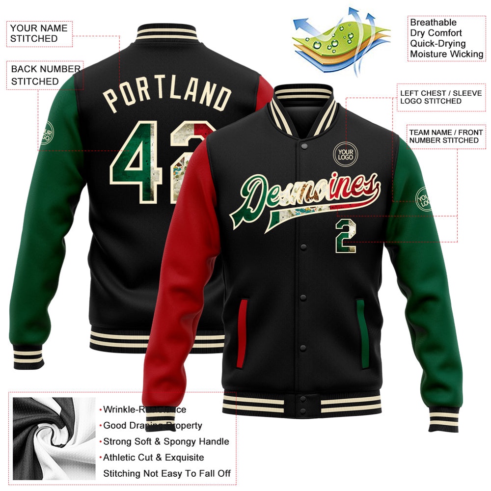 Custom Black Vintage Mexican Flag Cream Kelly Green Red Bomber Full Snap Varsity Baseball Jacket, Custom Team Jacket