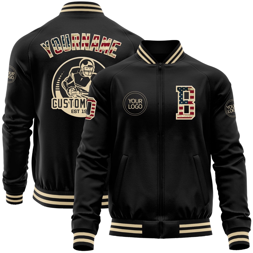 Custom Black Vintage USA Flag Cream Bomber Varsity Baseball Jacket, Custom Team Jacket