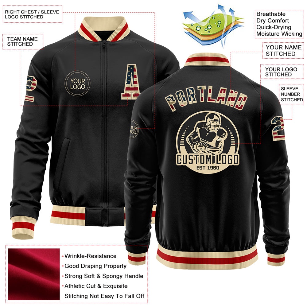 Custom Black Vintage USA Flag Cream Red Bomber Varsity Baseball Jacket, Custom Team Jacket