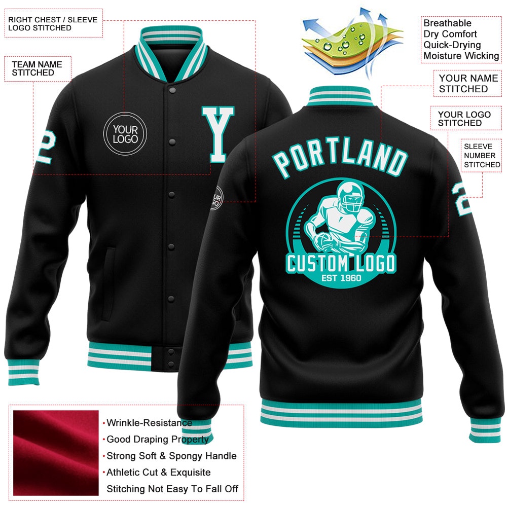 Custom Black White Aqua Bomber Full Snap Baseball Jacket, Custom Team Jacket