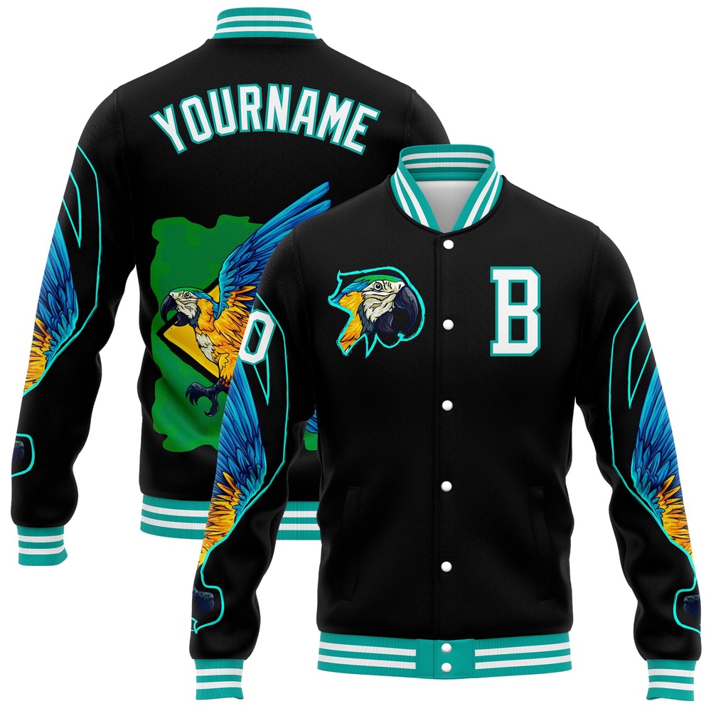 Custom Black White Aqua Parrot 3D Pattern Design Bomber Full Snap Baseball Jacket, Custom Team Jacket