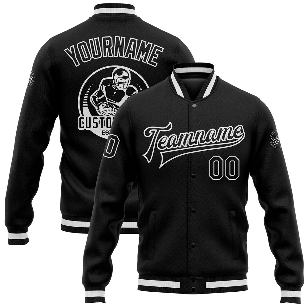 Custom Black White Bomber Full Snap Baseball Jacket, Custom Team Jacket