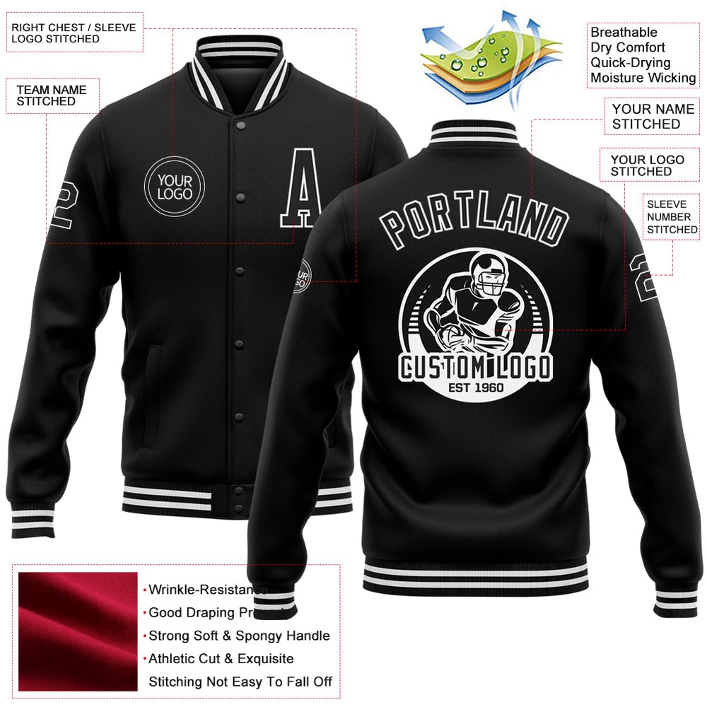 Custom Black White Bomber Full Snap Baseball Jacket, Custom Team Jacket