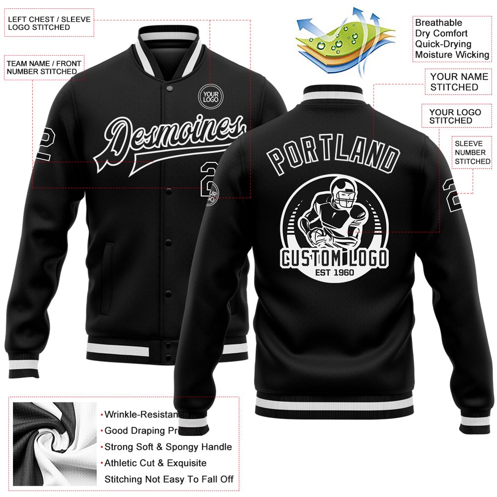 Custom Black White Bomber Full Snap Baseball Jacket, Custom Team Jacket