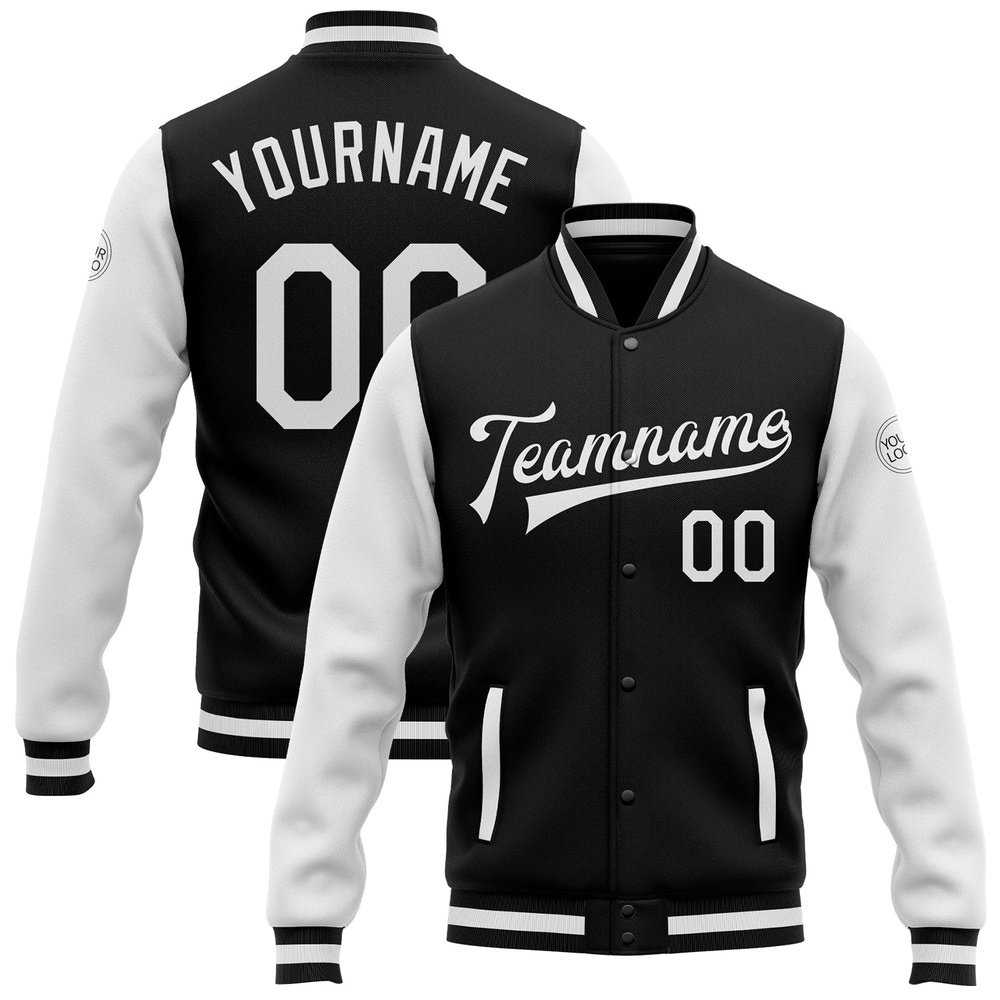 Custom Black White Bomber Full Snap Varsity Baseball Jacket, Custom Team Jacket