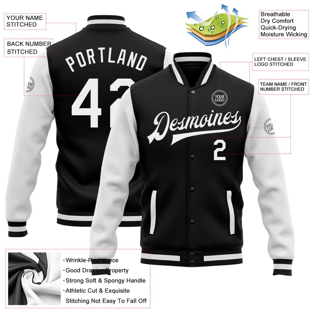 Custom Black White Bomber Full Snap Varsity Baseball Jacket, Custom Team Jacket