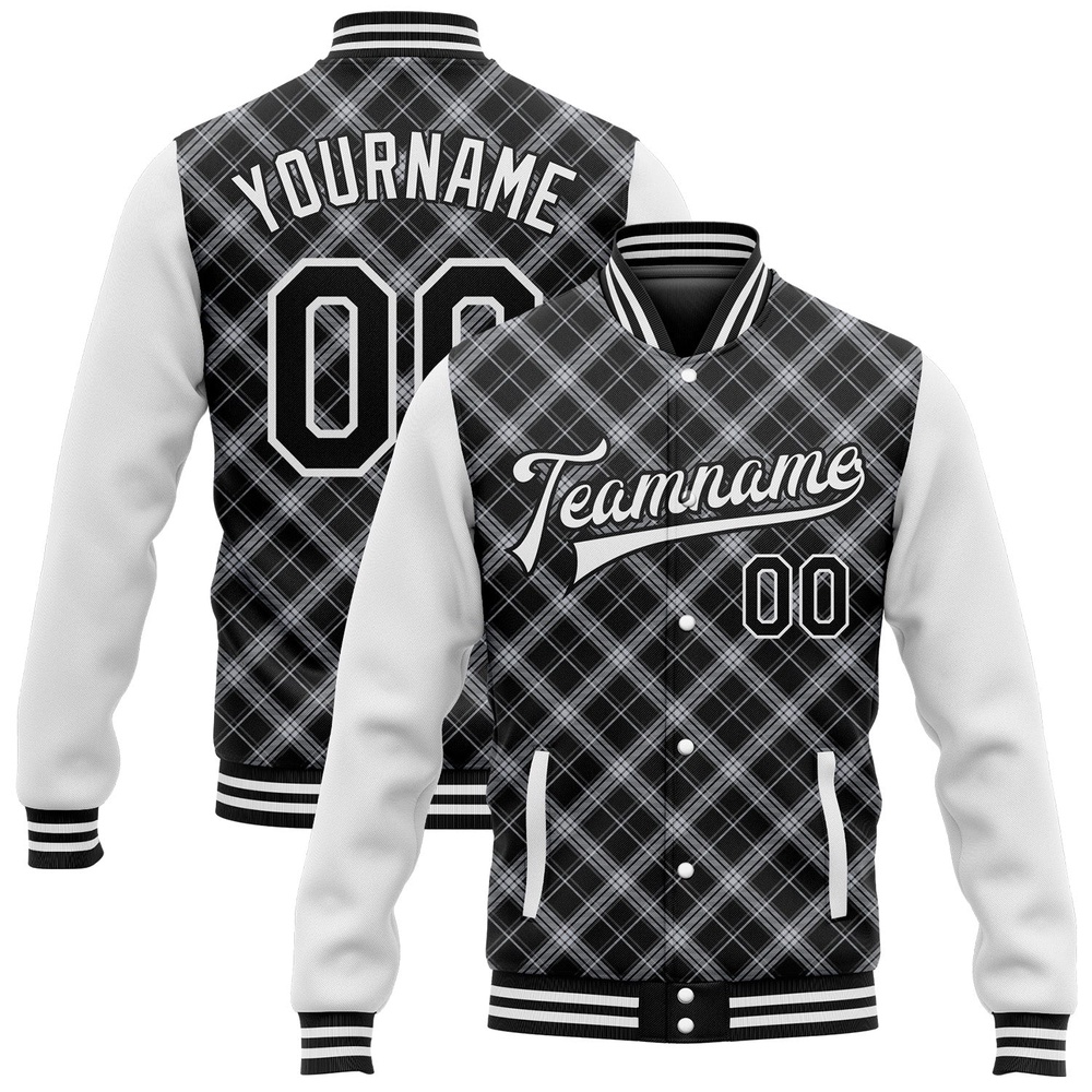 Custom Black White Check Board 3D Pattern Design Bomber Full Snap Baseball Jacket, Custom Team Jacket
