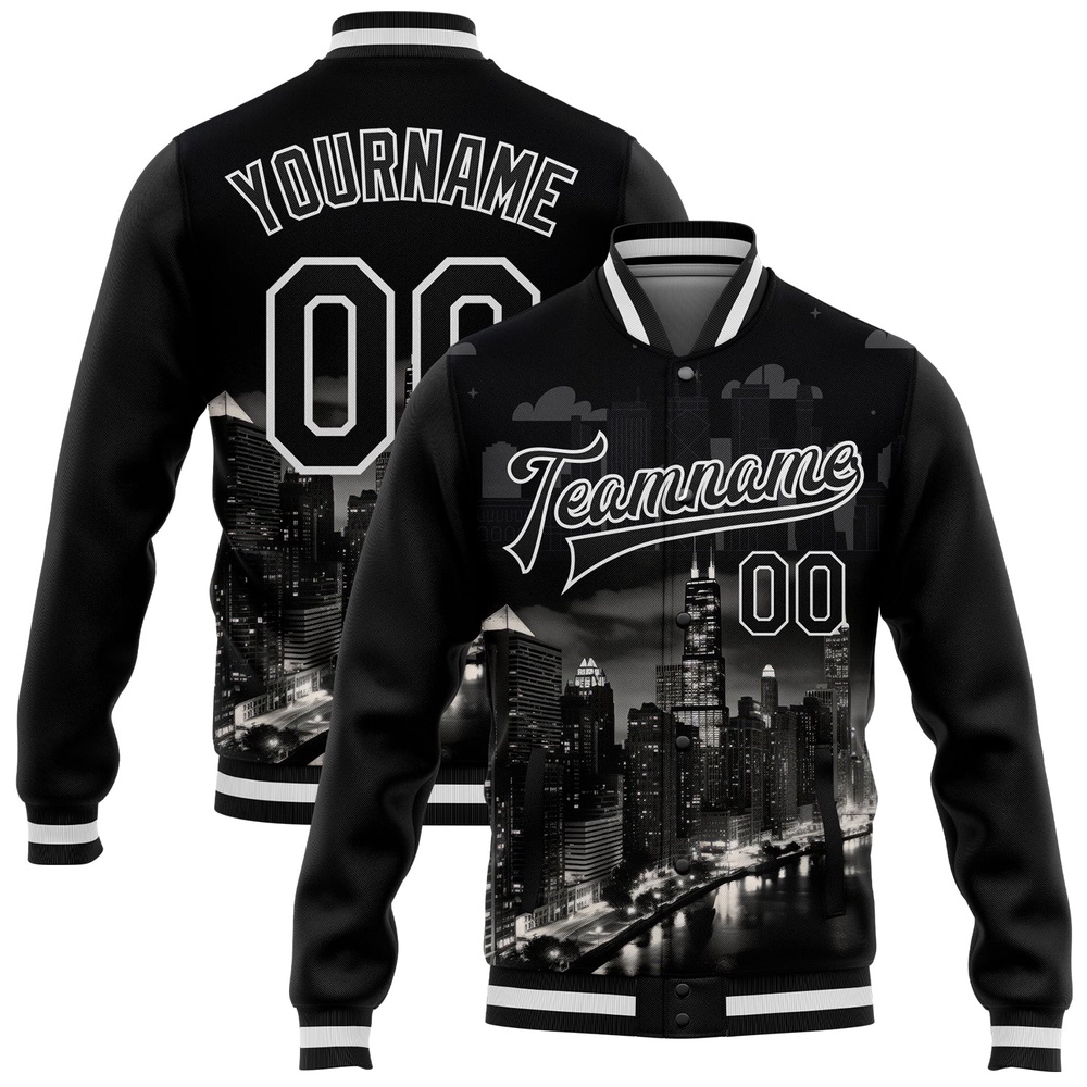 Custom Black White Chicago Illinois City Edition 3D Bomber Full Snap Baseball Jacket, Custom Team Jacket