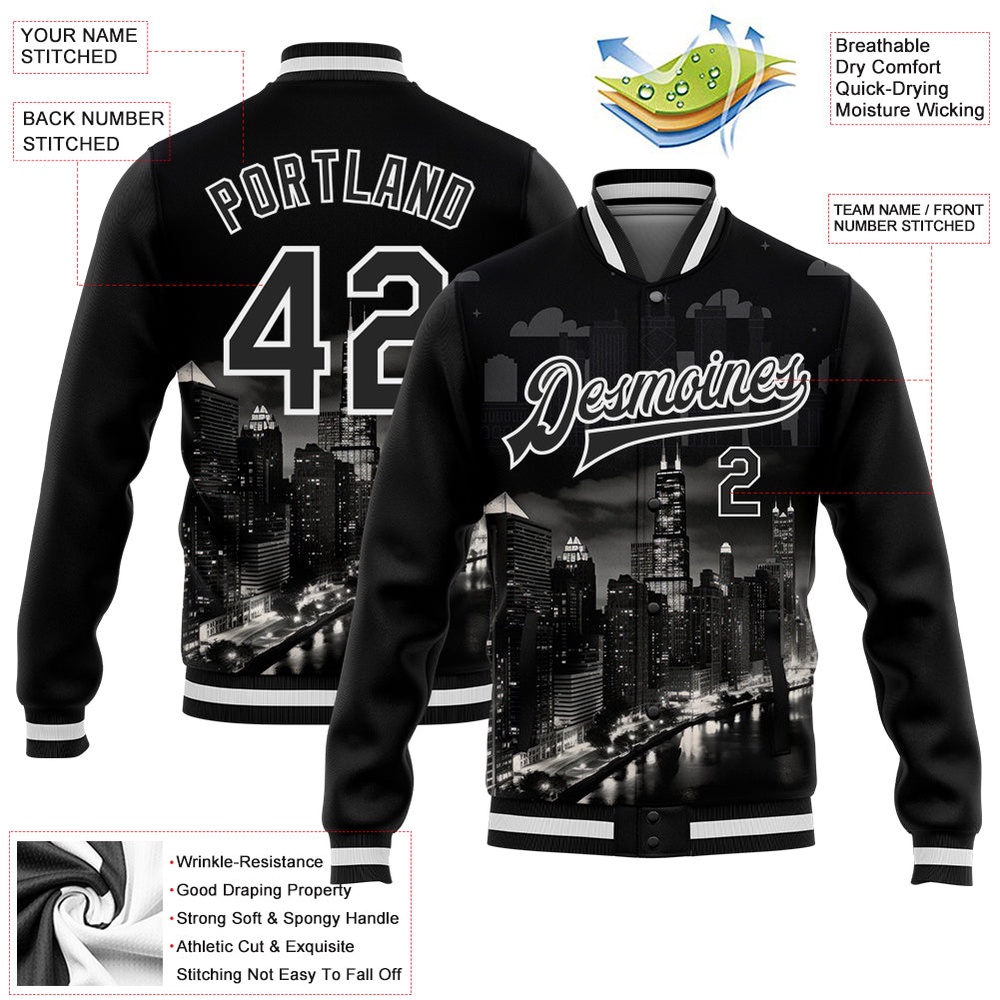 Custom Black White Chicago Illinois City Edition 3D Bomber Full Snap Baseball Jacket, Custom Team Jacket
