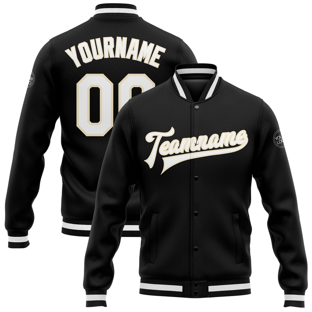 Custom Black White Cream Bomber Full Snap Baseball Jacket, Custom Team Jacket