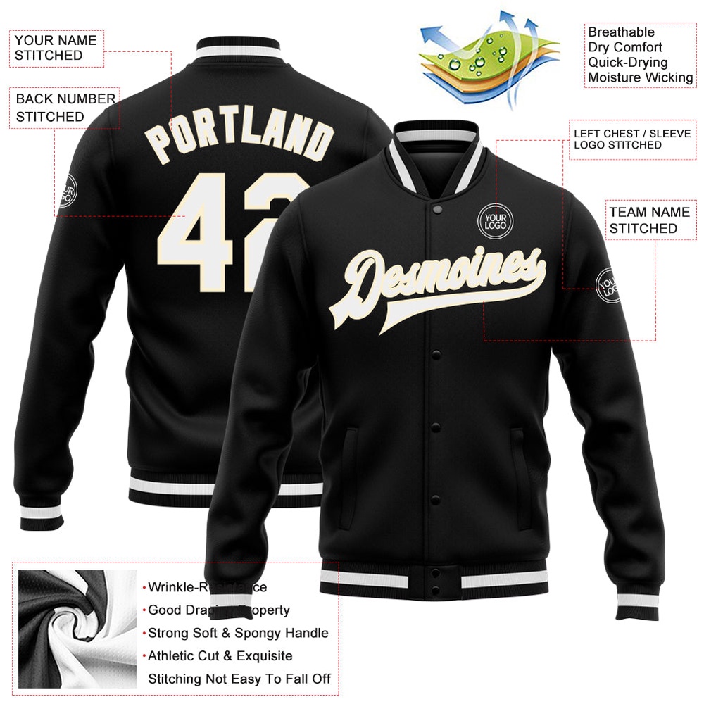 Custom Black White Cream Bomber Full Snap Baseball Jacket, Custom Team Jacket