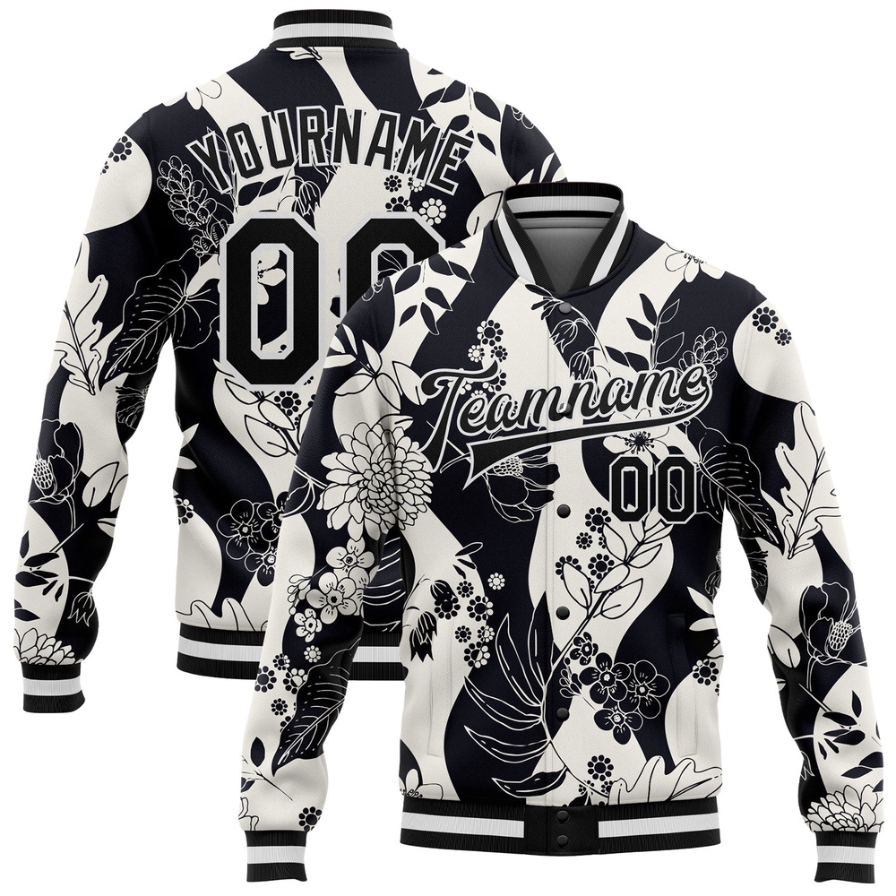 Custom Black White Floral Wave 3D Pattern Design Bomber Full Snap Baseball Jacket, Custom Team Jacket
