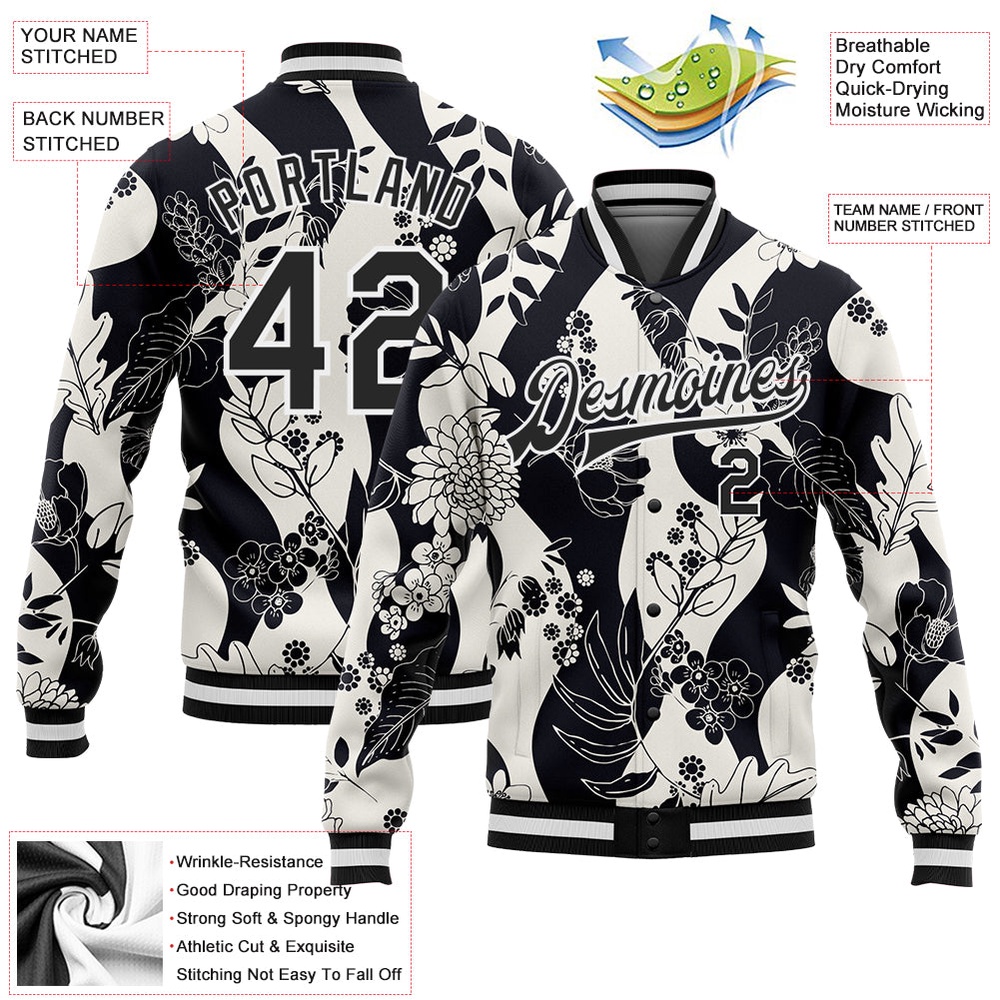 Custom Black White Floral Wave 3D Pattern Design Bomber Full Snap Baseball Jacket, Custom Team Jacket