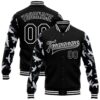Custom Black White Glitter Bloom 3D Pattern Design Bomber Full Snap Baseball Jacket, Custom Team Jacket