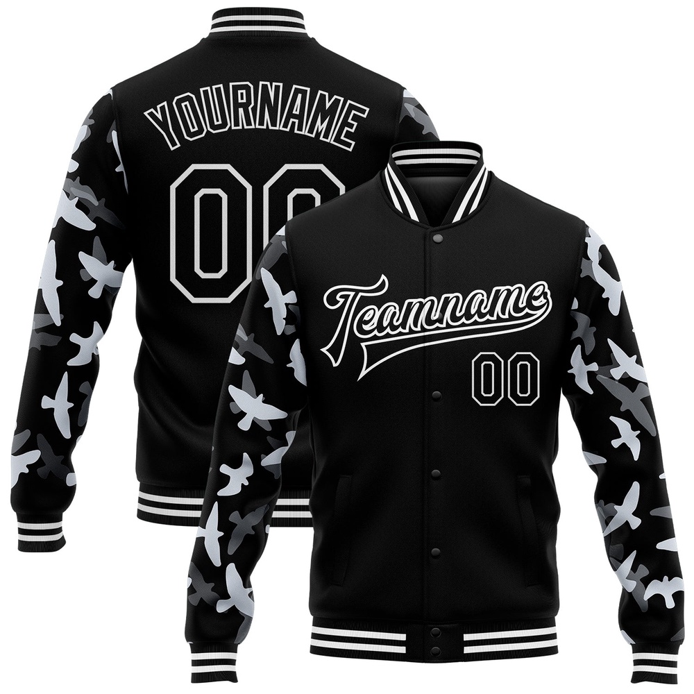Custom Black White Flying Bird Sleeves 3D Pattern Design Bomber Full Snap Baseball Jacket, Custom Team Jacket