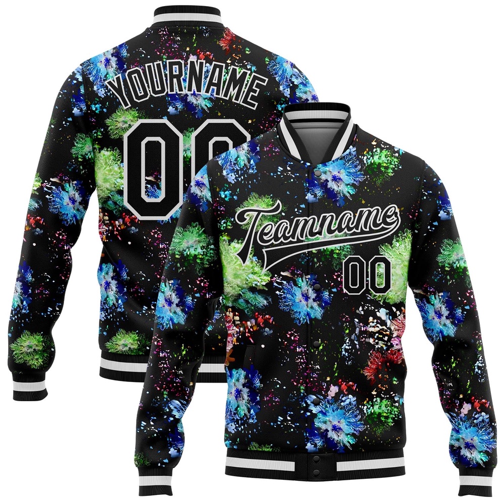 Custom Black White Glitter Bloom 3D Pattern Design Bomber Full Snap Baseball Jacket, Custom Team Jacket