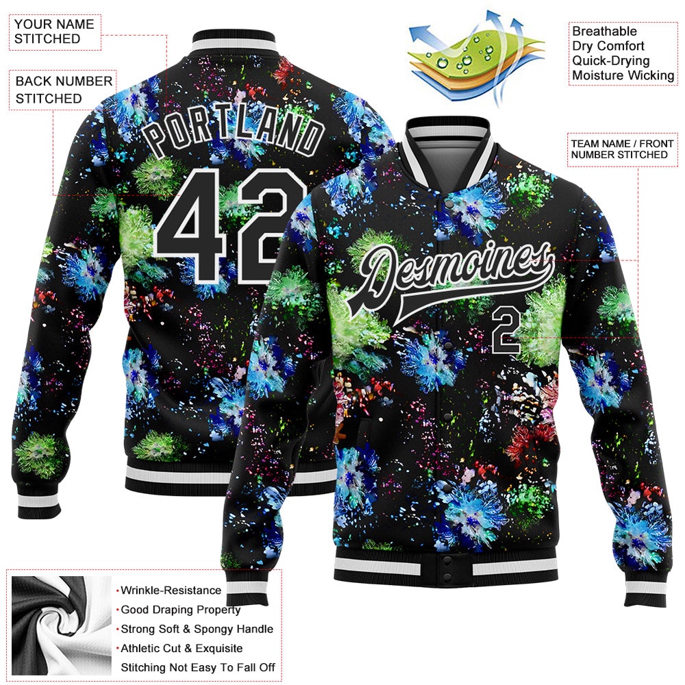 Custom Black White Glitter Bloom 3D Pattern Design Bomber Full Snap Baseball Jacket, Custom Team Jacket