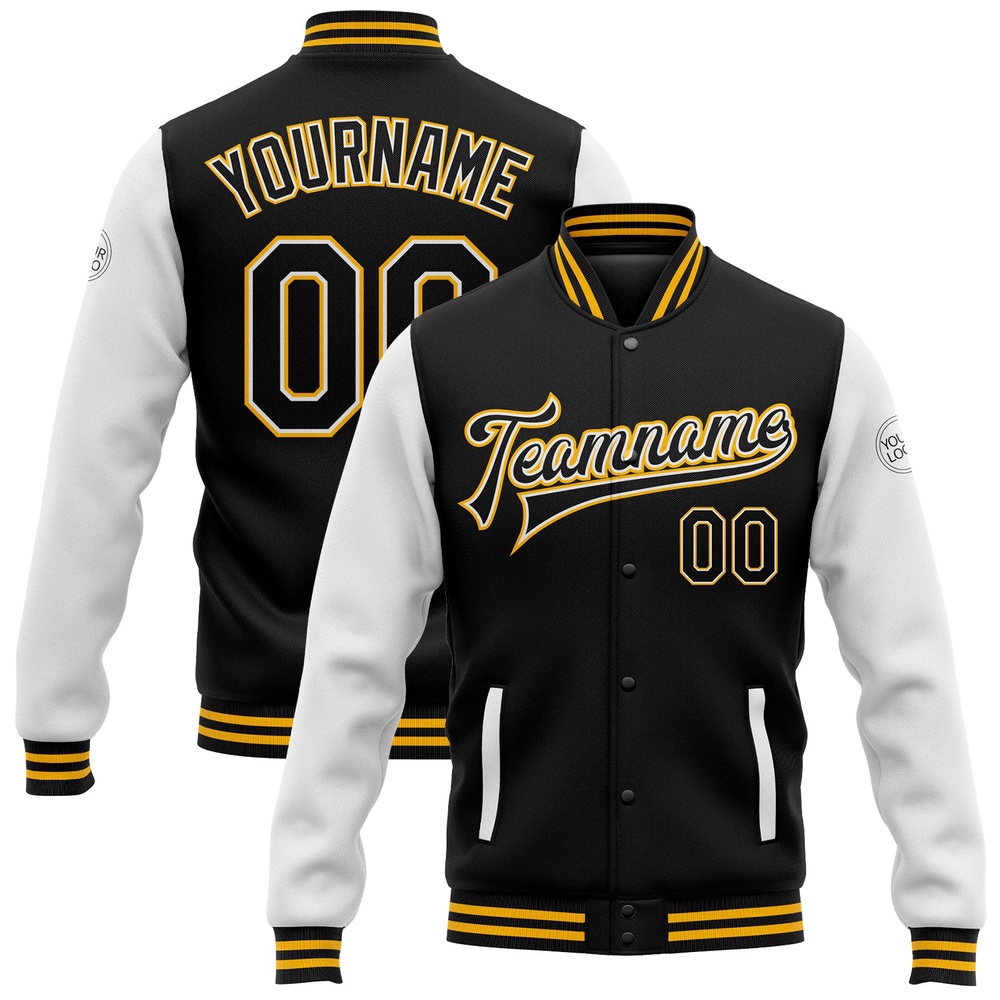Custom Black White Gold Bomber Full Snap Varsity Baseball Jacket, Custom Team Jacket