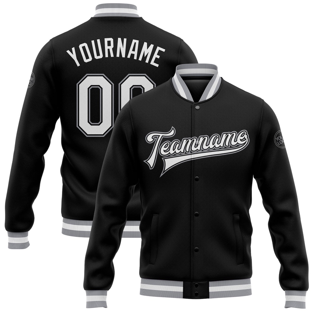 Custom Black White Gray Bomber Full Snap Baseball Jacket, Custom Team Jacket