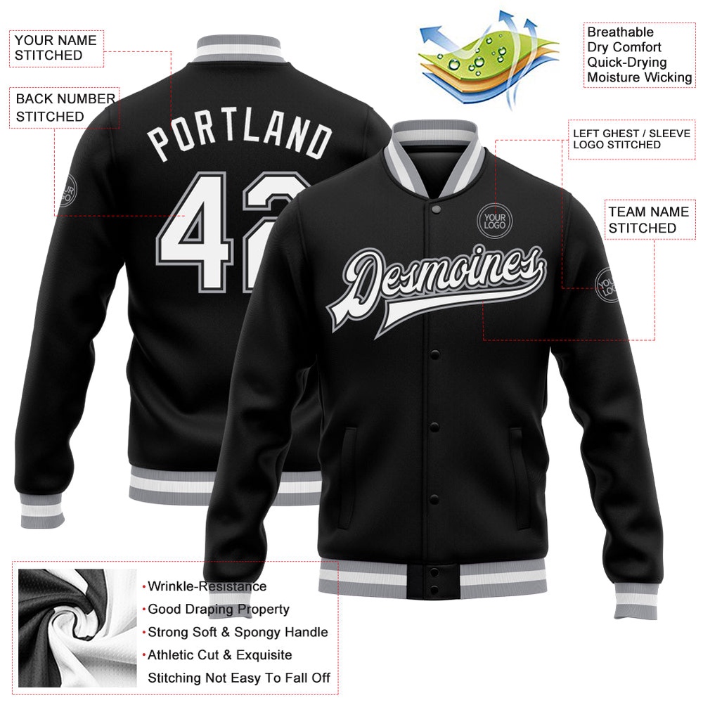 Custom Black White Gray Bomber Full Snap Baseball Jacket, Custom Team Jacket