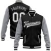 Custom Black White Gray Bomber Varsity Baseball Jacket, Custom Team Jacket