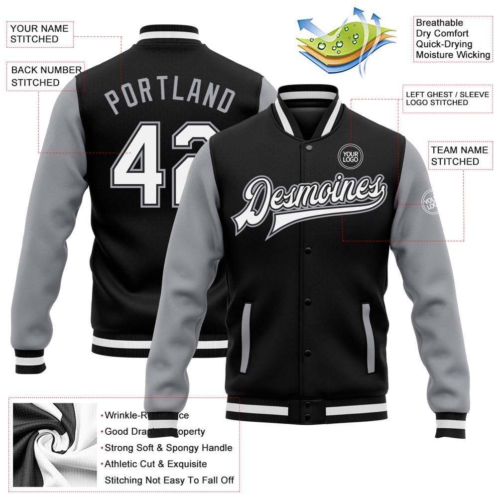 Custom Black White Gray Bomber Full Snap Varsity Baseball Jacket, Custom Team Jacket