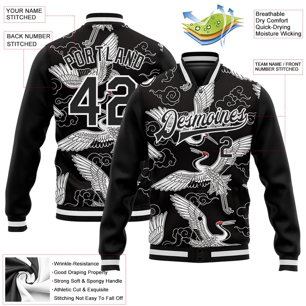 Custom Black White Heron And Cloud 3D Pattern Design Bomber Full Snap Baseball Jacket, Custom Team Jacket