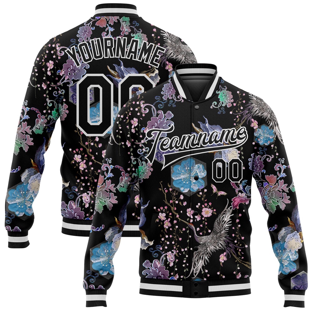 Custom Black White Heron And Flower 3D Pattern Design Bomber Full Snap Baseball Jacket, Custom Team Jacket