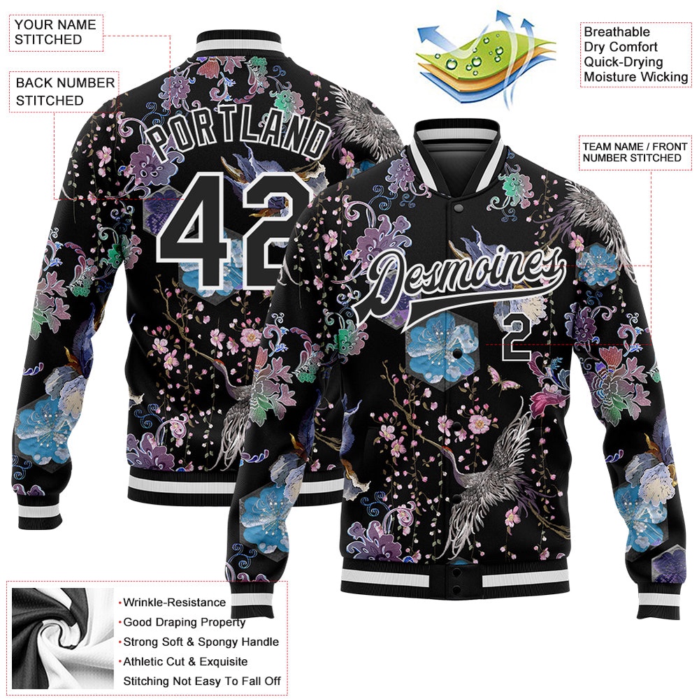 Custom Black White Heron And Flower 3D Pattern Design Bomber Full Snap Baseball Jacket, Custom Team Jacket