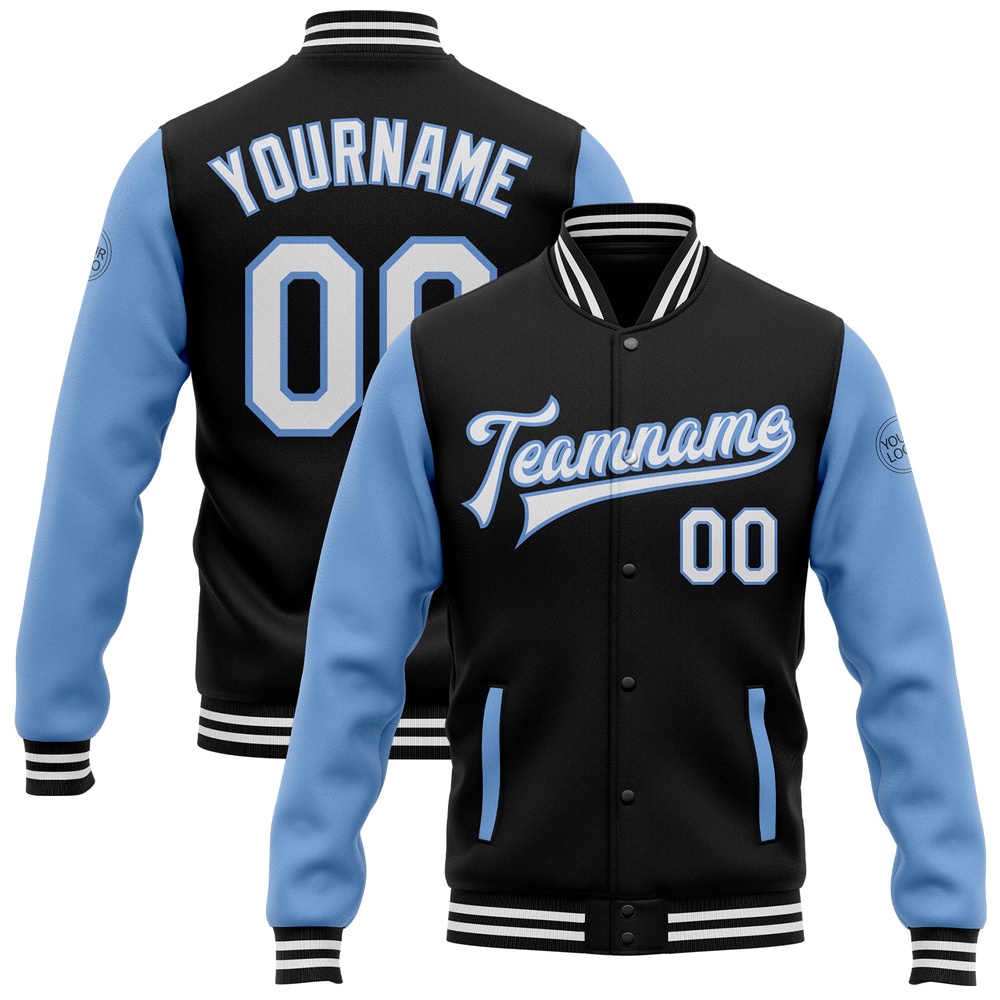 Custom Black White Light Blue Bomber Full Snap Varsity Baseball Jacket, Custom Team Jacket