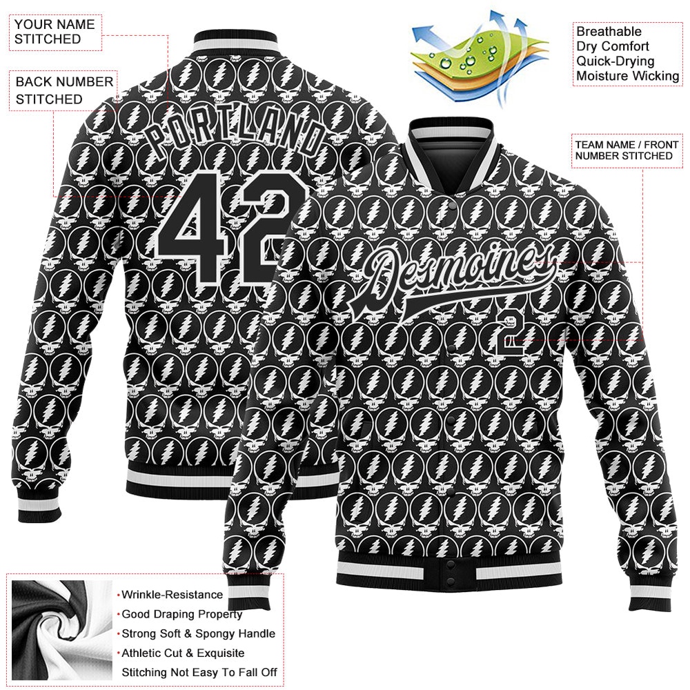 Custom Black White Lightning Skull Fashion 3D Bomber Full Snap Baseball Jacket, Custom Team Jacket