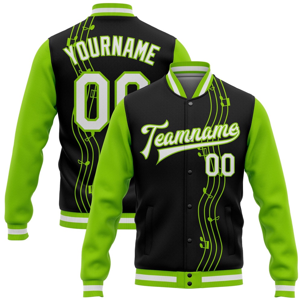 Custom Black White Neon Green Music Festival 3D Pattern Design Bomber Full Snap Baseball Jacket, Custom Team Jacket
