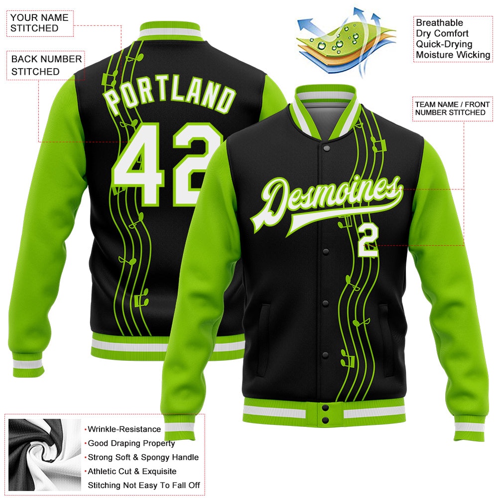 Custom Black White Neon Green Music Festival 3D Pattern Design Bomber Full Snap Baseball Jacket, Custom Team Jacket
